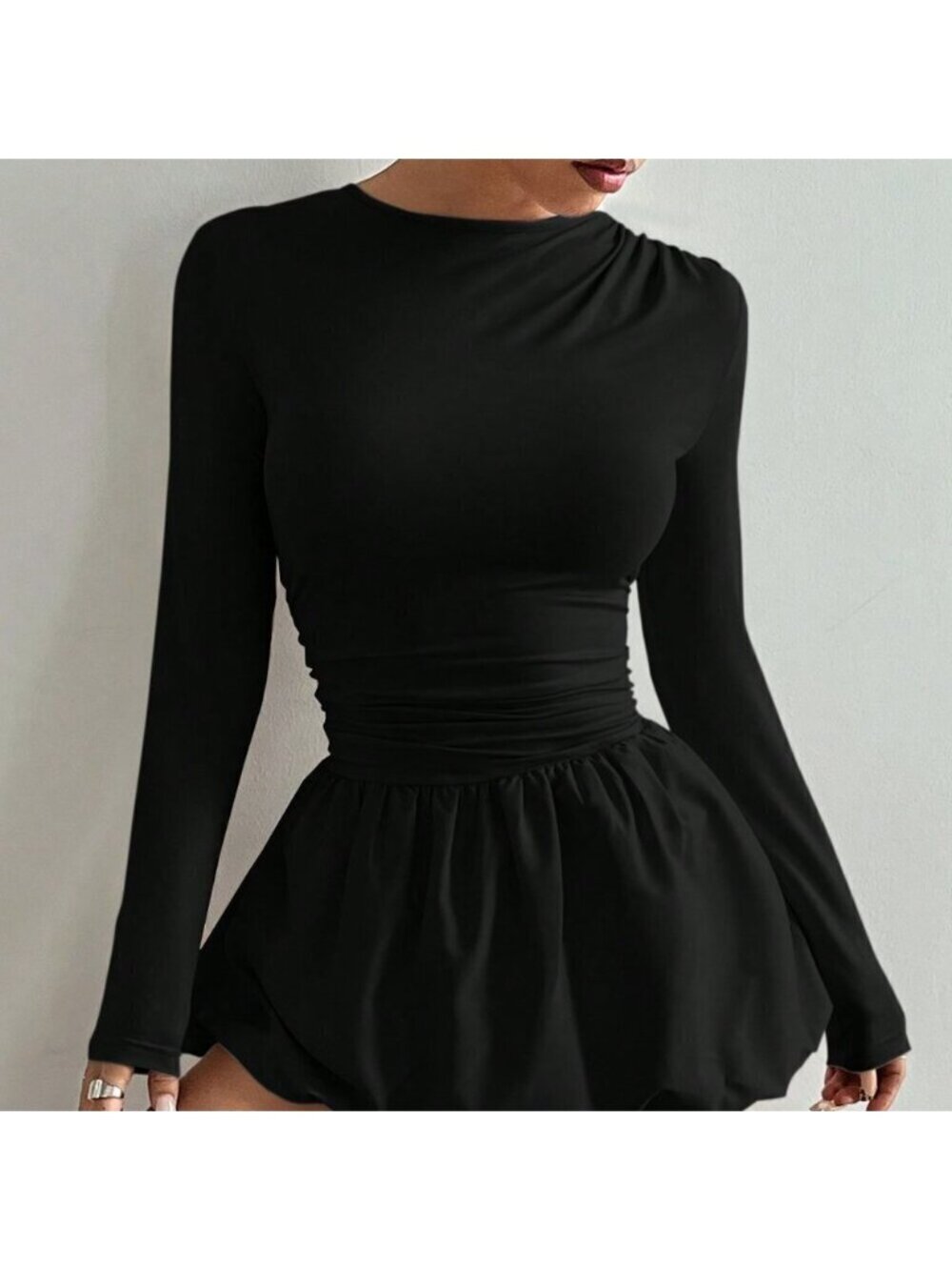 Black Casual Women's Round Neck Long Sleeve Pleated Tulip Hem Mini Dress